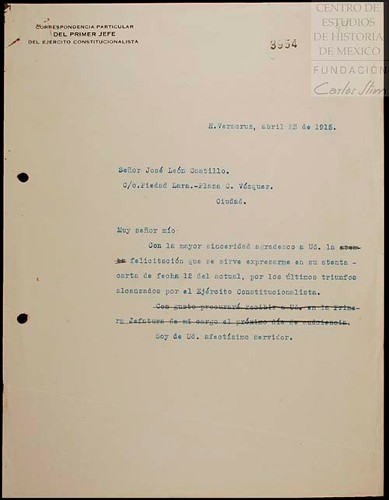 Imagen de Carta dirigida a José León Castillo donde Venustiano Carranza, agradece sus felicitaciones por los triunfos alcanzados por el Ejército Constitucionalista (atribuido)