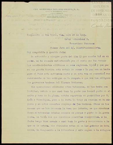 Imagen de Carta de Lucio Blanco dirigida a Carranza dando informes de las operaciones militares en Matamoros (atribuido)