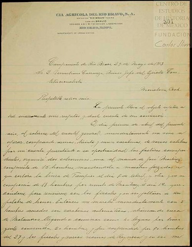 Imagen de Carta de Antonio A. Ochoa dirigida a Carranza informando sobre compra de armas, organización de las colonias de ataque y liberación del Capitán Ochoa (atribuido)