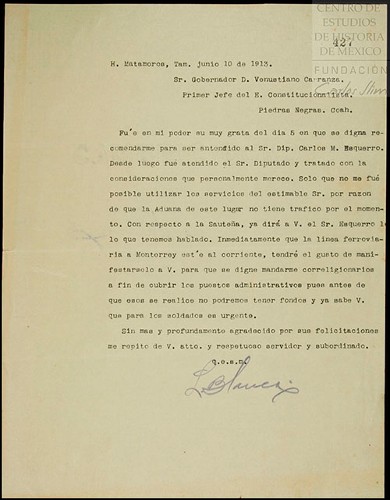 Imagen de Carta de Lucio Blanco dirigida a Carranza en la que informa que Carlos M. Esquerro no logró incorporarse (atribuido)