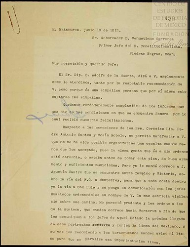 Imagen de Carta de Lucio Blanco dirigida a Carranza dando a conocer las providencias tomadas para el avance al sur (atribuido)