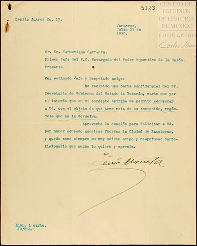 Imagen de Carta dirigida a Venustiano Carranza donde Jesús Urueta, adjunta carta del Secretario del Gobierno de Yucatán (atribuido)
