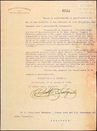 Imagen de Carta dirigida a Venustiano Carranza donde Adolfo Carrillo, informa sobre el triunfo del Batallón Rojo y la construcción de un horno para el Sindicato de Panaderos (atribuido)