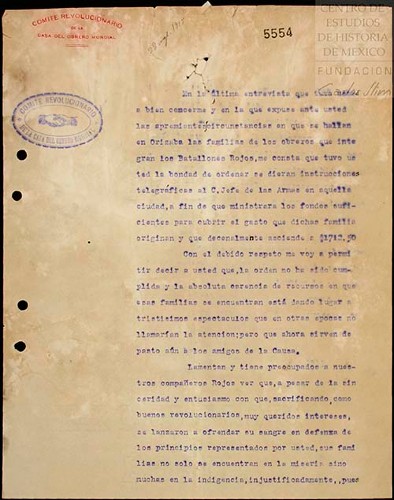 Imagen de Carta dirigida a Venustiano Carranza donde Adolfo Salgado, solicita ayuda económica para las familias de los obreros que integran los batallones rojos en Orizaba (atribuido)