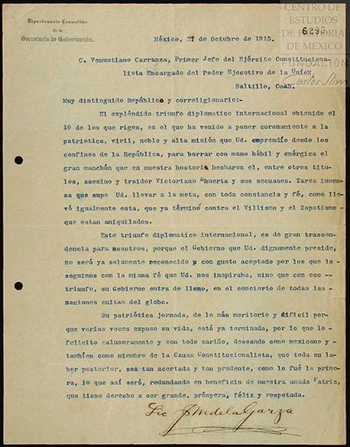Imagen de Carta donde se envía felicitaciones por su triunfo diplomático (atribuido)