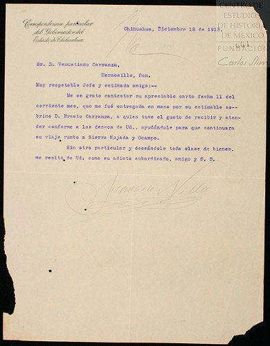 Imagen de Carta de Francisco Villa dirigida a Carranza, informa de la ayuda dada a Erasto Carranza para que continuara su viaje (atribuido)