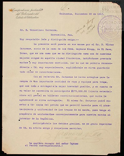 Imagen de Carta de Francisco Villa dirigida a Carranza, da informe sobre la compra de equipo para la tropa (atribuido)