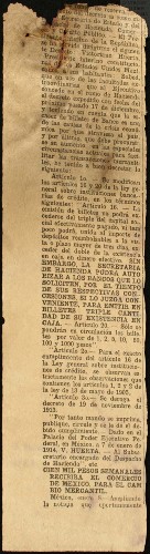 Imagen de Recorte de periódico firmado por Victoriano Huerta, hace transcripción del decreto que modifica los artículos 16 y 20 de la Ley General Sobre Instituciones Bancarias de Crédito (atribuido)
