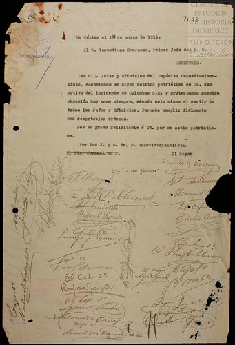Imagen de Los jefes y oficiales del Depósito Constitucionalista manifiestan su adhesión, con motivo del incidente de Columbus, Nuevo México (atribuido)