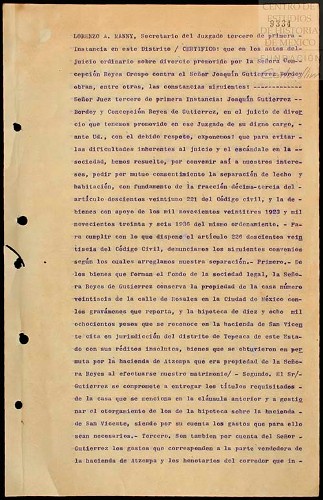 Imagen de Certifica que en los autos del juicio ordinario de divorcio promovido por Concepción Reyes Crespo (atribuido)