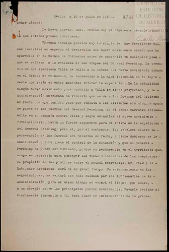 Imagen de Transcripción de un informe sobre la prensa norteamericana, referente a que Woodrow Wilson espera a que se desarrolle un nuevo movimiento armado en Chihuahua, antes de consentir en retirar a las tropas de John J. Pershing (atribuido)