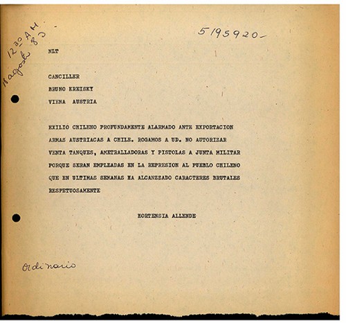 Imagen de Telegrama de Hortensia Bussi de Allende al canciller austriaco Bruno Kreisky (atribuido)