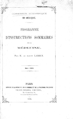 Imagen de Programme d'instructions sommaires sur la médecine / par M. le baron Larrey,...; Commission scientifique du Mexique