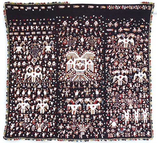 Imagen de Tlamachayatl (propio); Textil con águila bicéfala (atribuido)