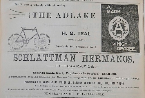 Imagen de Publicidad de la bicicleta Adlake y del estudio fotográfico de los hermanos Schlattman (atribuido)