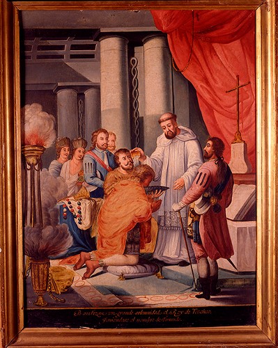 Imagen de Bautizan con grande solemnidad al Rey Tezcúco, poniéndose el nombre de Fernando (propio)