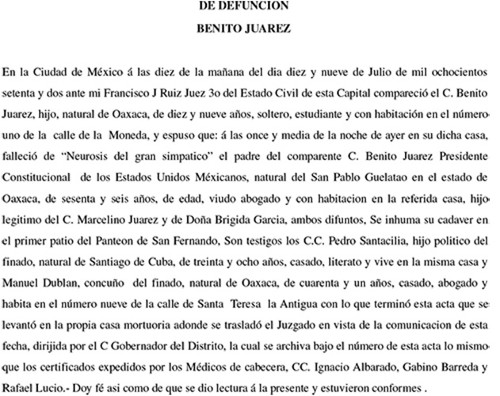 Imagen de Acta de defunción de Benito Juárez con transcripción (atribuido)