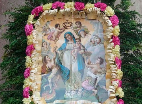 Imagen de La Madre Santísima de la Luz en la ofrenda floral de la danza Macuilxochitl (atribuido)