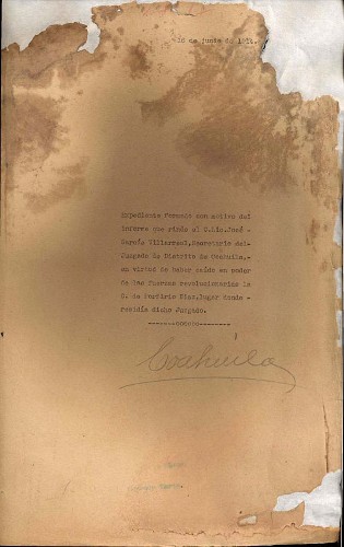 Imagen de Expediente 62860/1914, sobre el informe de José García Villarreal, Secretario del Juzgado de Distrito de Coahuila, acerca de la caída de su sede en manos de las fuerzas revolucionarias (atribuido)