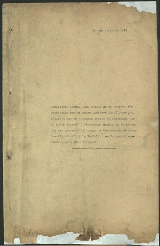 Imagen de Expediente 62551/1914, sobre la proposición del Ministro Emilio Bullé Goyri, para que se proteste contra lo aseverado por el general Victoriano Huerta en su renuncia (atribuido)