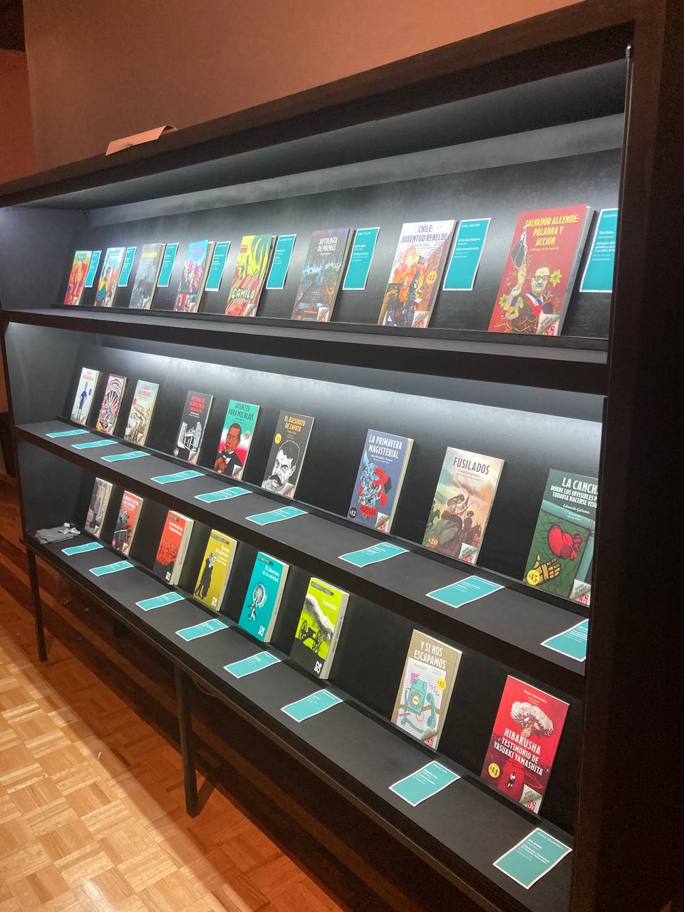 Vitrina de los libros de la colección <i>Vientos del Pueblo</i>, ediciones de México, Chile y Colombia.