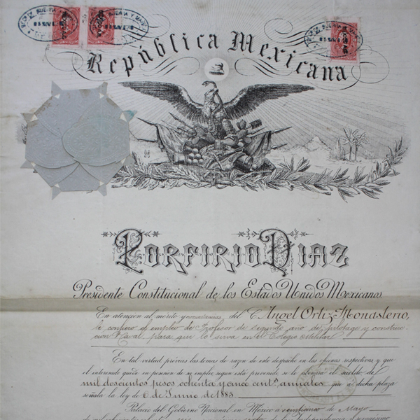  <div class='box-txt-carrusel'>
                                       <p class='txt-carrusel'>Despacho de profesor de pilotaje y construcción naval, año de 1885.</p>
                                         <div class='ObjetoDigital'>
                                             
                                               <a href='//memoricamexico.gob.mx/swb/memorica/Cedula?oId=nGNIuJQBAF4Oqi8d2X0W' target='_blank' class=''>Ir a recurso</a>
                                         </div>  
                                      </div>
