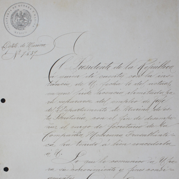 <div class='box-txt-carrusel'>
                                    <p class='txt-carrusel'>Licencia para desempeñarse como secretario de la Compañía Mexicana Trasatlántica, año de 1885.</p>
                                      <div class='ObjetoDigital'>
                                          
                                            <a href='//memoricamexico.gob.mx/swb/memorica/Cedula?oId=k2NIuJQBAF4Oqi8d2H2u' target='_blank' class=''>Ir a recurso</a>
                                      </div>  
                                   </div>