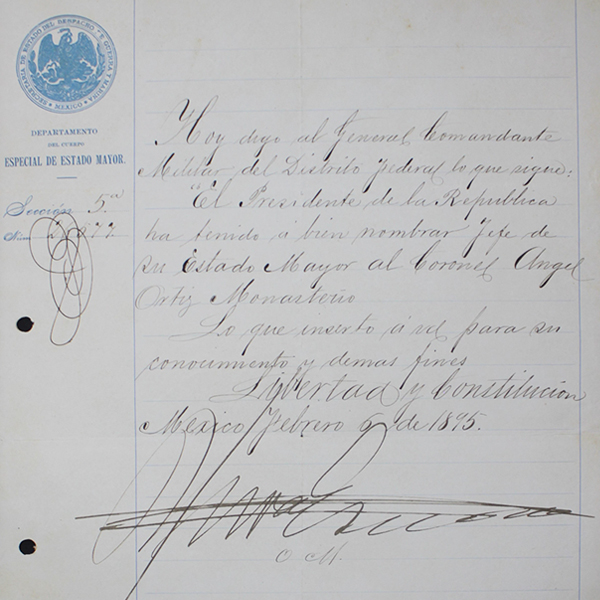 <div class='box-txt-carrusel'>
                                        <p class='txt-carrusel'> Oficio del nombramiento al coronel Ángel Ortiz Monasterio como jefe del Estado Mayor, año de 1895.</p>
                                          <div class='ObjetoDigital'>
                                              
                                                <a href='//memoricamexico.gob.mx/swb/memorica/Cedula?oId=nmNIuJQBAF4Oqi8d2X0t' target='_blank' class=''>Ir a recurso</a>
                                          </div>  
                                       </div>