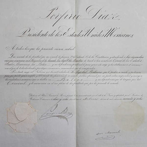 <div class='box-txt-carrusel'>
                                        <p class='txt-carrusel'>Nombramiento como cónsul de México en Belice, año de 1898.</p>
                                          <div class='ObjetoDigital'>
                                              
                                                <a href='//memoricamexico.gob.mx/swb/memorica/Cedula?oId=n2NIuJQBAF4Oqi8d2X04' target='_blank' class=''>Ir a recurso</a>
                                          </div>  
                                       </div>