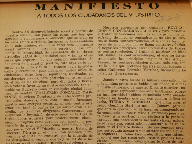 Manifiesto y movilización contra la diputación de Guillermo
                                    González Martínez por la defensa de los intereses del pueblo guerrerense, 1967. dfs,
                                    Guerrero, agn.