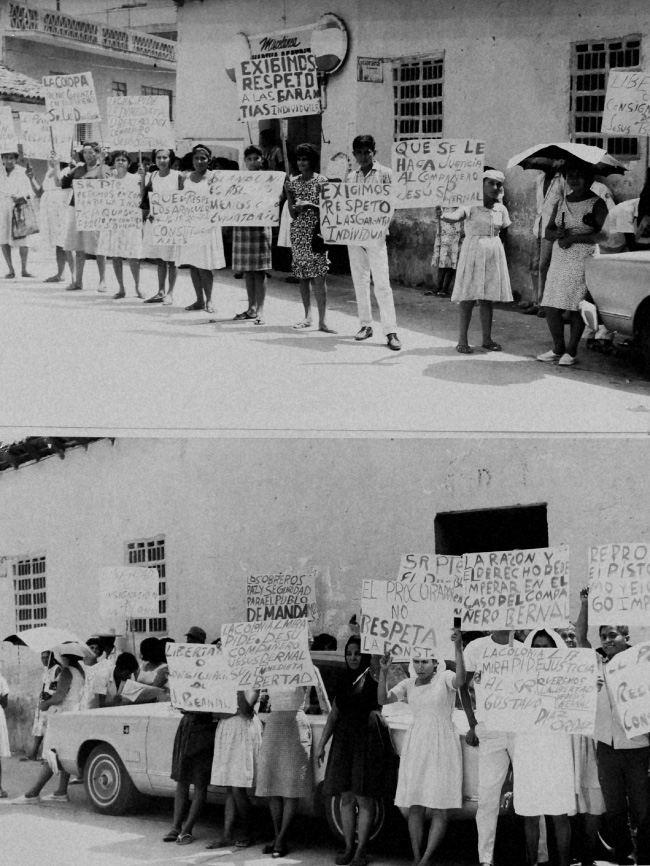 Primeras protestas del Frente Revolucionario de Colonos por la
                                    detención del líder coprero Jesús Bernal Román, Acapulco, Guerrero, 1967. dfs, Guerrero, agn.