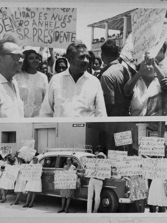 El licenciado Raymundo Abarca Alarcón, gobernador del estado de
                                Guerrero, con miembros del Frente Revolucionario de Colonos, por las protestas de la
                                detención de Jesús Bernal Román, 1967. dfs, Guerrero, agn.