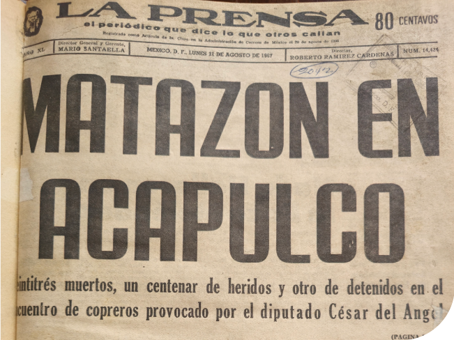 <p class='txt-carrusel'>Fotografía de la portada y noticia del periódico <i>La Prensa</i> del día 21 de agosto de 1967. Biblioteca Miguel Lerdo de Tejada, <span style='font-variant:small-caps;'>shcp</span>.</p>
                                    <a href='//memoricamexico.gob.mx/swb/memorica/Cedula?oId=NcHsr5IBaBa5JY4tthQx' target='_blank' class='ObjetoDigital'>Recurso</a>