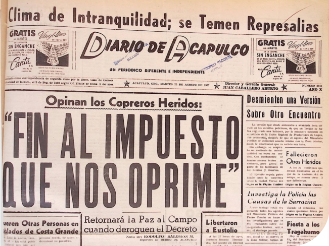 <p class='txt-carrusel'>Portada del <i>Diario de Acapulco</i> del día 22 de agosto de 1967. Hemeroteca Nacional, <span style='font-variant:small-caps;'>unam</span>.</p>