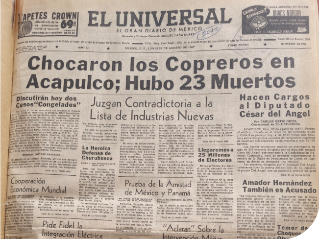 <p class='txt-carrusel'>Portada de <i>El Universal</i> del día 21 de agosto de 1967. Biblioteca Miguel Lerdo de Tejada, <span style='font-variant:small-caps;'>shcp</span>.</p>
                   
                                    <a href='//memoricamexico.gob.mx/swb/memorica/Cedula?oId=NsHsr5IBaBa5JY4tthRB' target='_blank' class='ObjetoDigital'>Recurso</a>