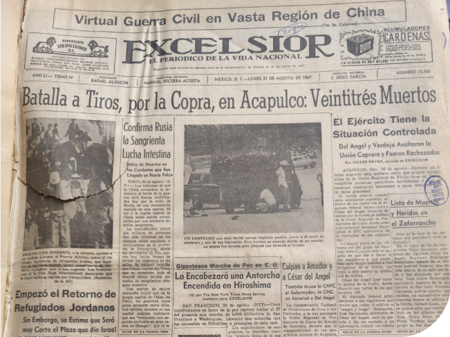 <p class='txt-carrusel'>Portada del <i>Excélsior</i> del día 21 de agosto de 1967. Biblioteca Miguel Lerdo de Tejada, <span style='font-variant:small-caps;'>shcp</span>.</p>
                                  
                                    <a href='//memoricamexico.gob.mx/swb/memorica/Cedula?oId=NMHsr5IBaBa5JY4ttRSt' target='_blank' class='ObjetoDigital'>Recurso digital</a> 