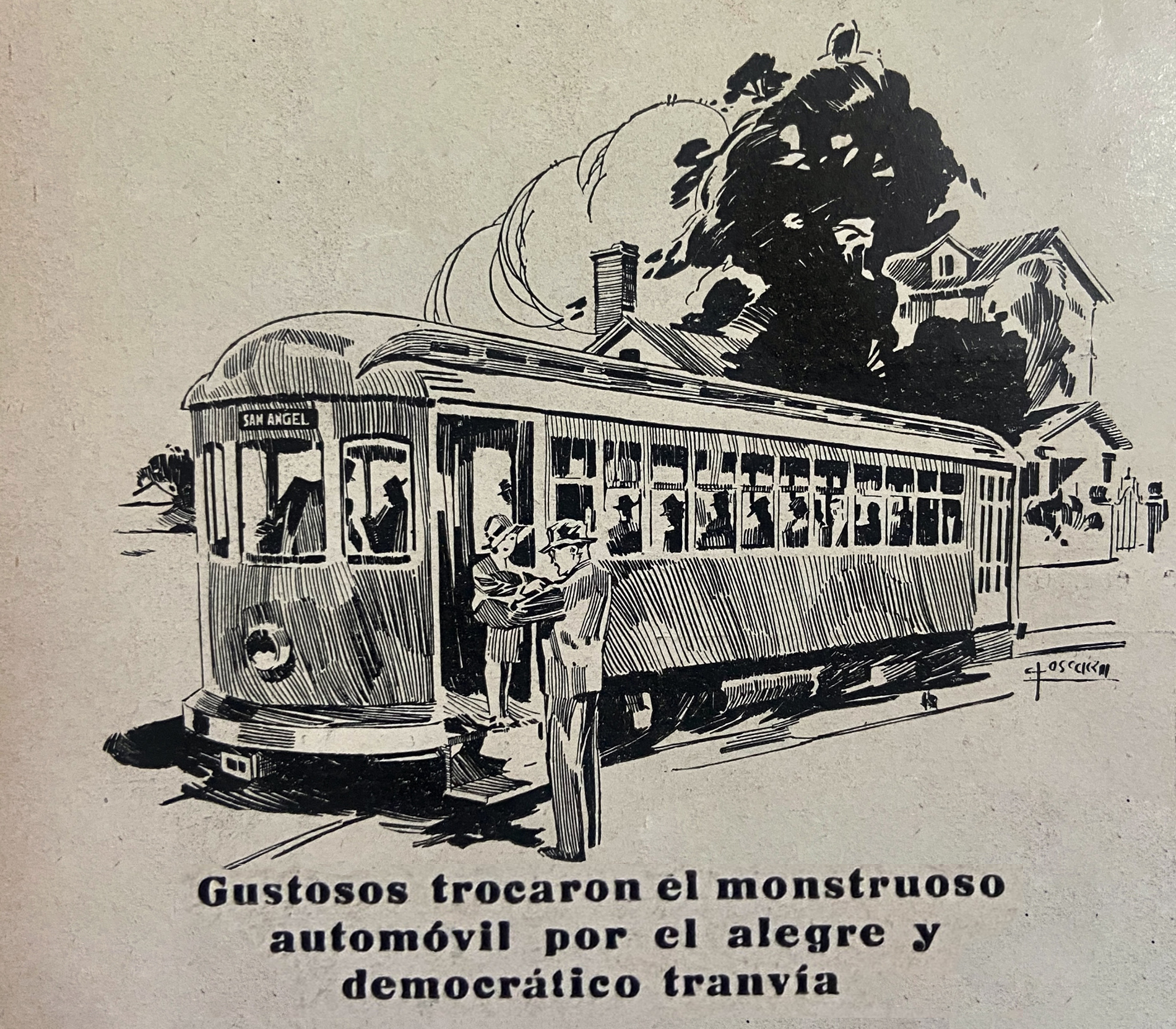 caricatura de un tranvía, en el Universal