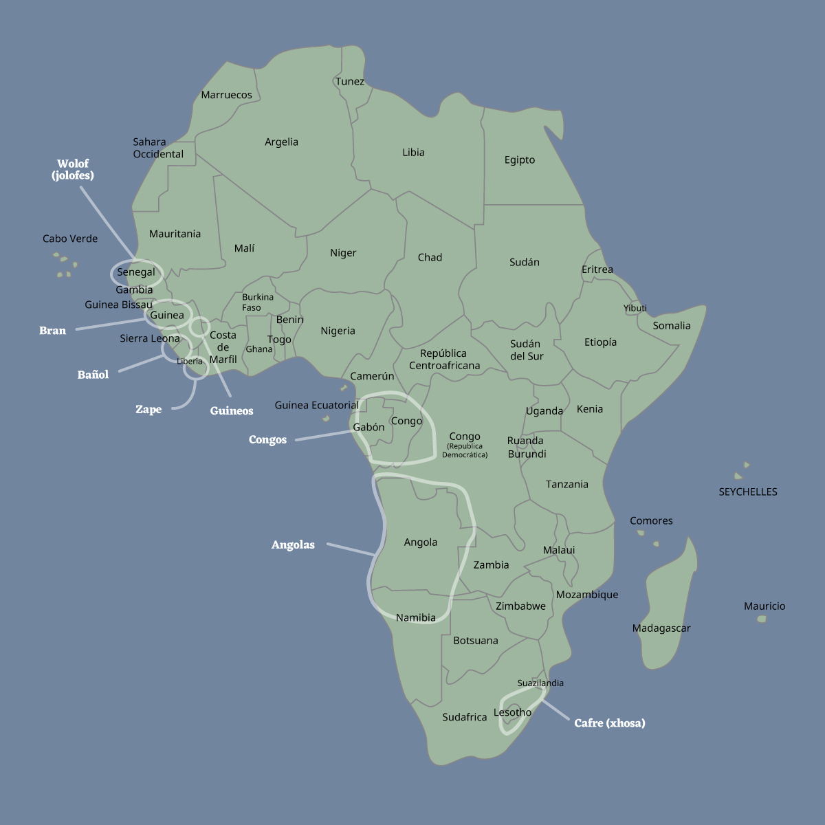 Mapa muestra las zonas o espacios “étnicos” africanos de personas que fueron esclavizadas. Los espacios étnicos corresponden a etnónimos de población africana esclavizada. 