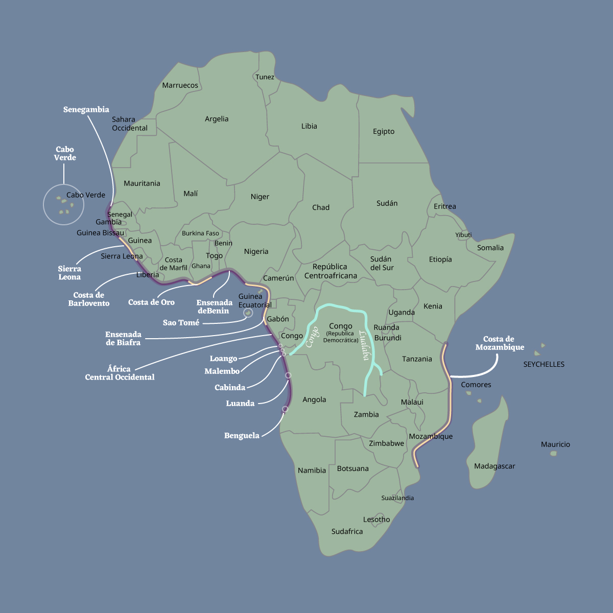 En el siguiente mapa se pueden observar los puertos o zonas donde, de manera forzada, eran embarcadas las personas esclavizadas hacia América.