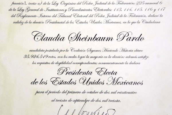 Constancia que declara a Claudia Sheinbaum Pardo como la primera mujer presidenta electa de los Estados Unidos Mexicanos